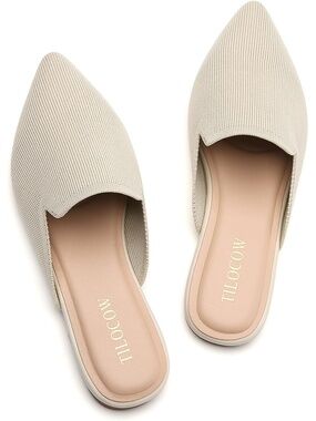 🆕 Women Beige Pointed Toe Flat Mules Knit Mesh Slip On Loafers Backless Shoes